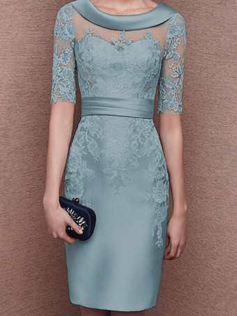 ベビーブルーブライダルマザードレスジュエルネックハーフスリーブレースティーレングスシースゲストドレス結婚式用無料カスタマイズ