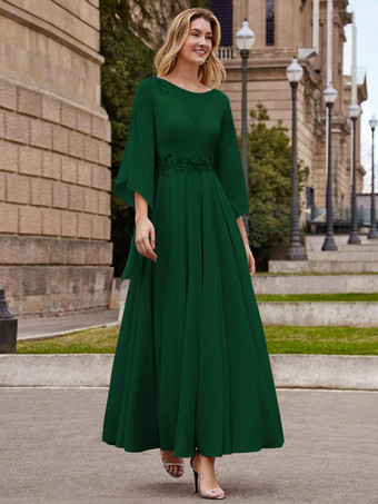 ダークグリーン花嫁の母親のためのパーティードレス ジュエルネック ハーフスリーブ Aライン 足首丈 ウェディングゲストドレス