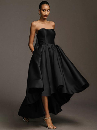 ブラックブライドメイドドレス サテン生地 Aライン マキシレングス ウェディングパーティードレス