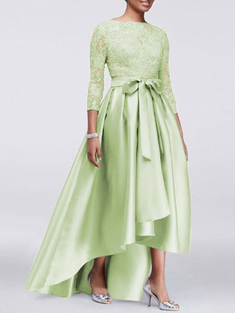 パステルグリーン母の花嫁のパーティードレスジュエルネックレーススリーブAラインサテンサッシュウェディングゲストドレス無料カスタマイズ