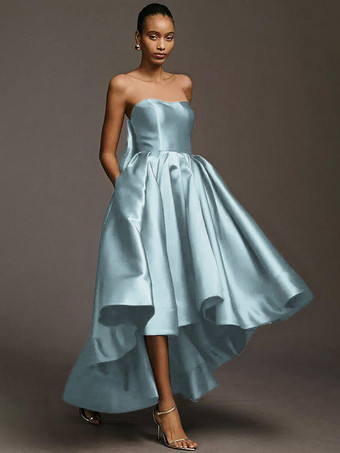 ベビーブルーブライドメイドドレス サテン生地 Aライン マキシレングス ウェディングパーティードレス