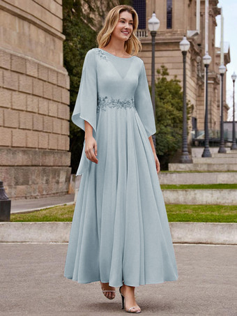 ベビーブルー花嫁の母親のためのパーティードレス ジュエルネック ハーフスリーブ Aライン 足首丈 ウェディングゲストドレス