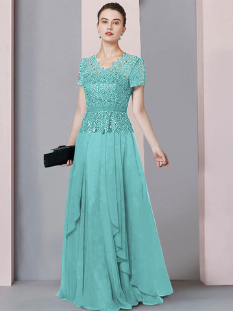 パステルブルーブライダルマザードレス Vネック半袖Aラインレース床長さの結婚式のゲストドレス無料カスタマイズ