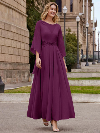 マゼンタ花嫁の母親のためのパーティードレス ジュエルネック ハーフスリーブ Aライン 足首丈 ウェディングゲストドレス