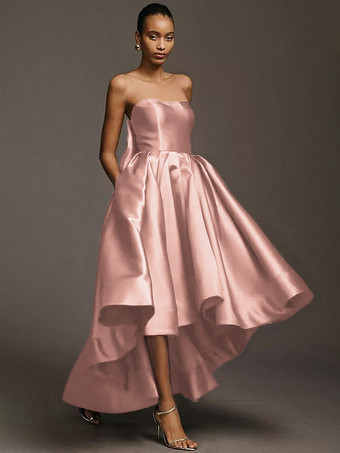 ダークピンクブライドメイドドレス サテン生地 Aライン マキシレングス ウェディングパーティードレス