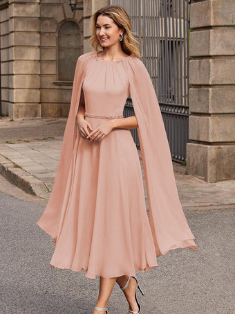 サーモンピンクブライダルマザードレス ジュエルネック ノースリーブ ショートサッシュ ゲストドレス 結婚式用