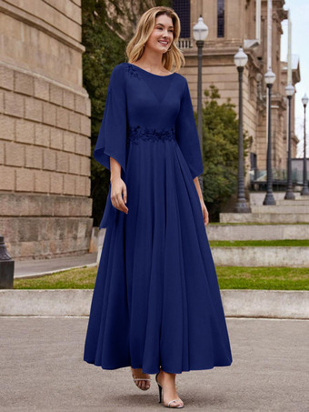 ロイヤルブルー花嫁の母親のためのパーティードレス ジュエルネック ハーフスリーブ Aライン 足首丈 ウェディングゲストドレス
