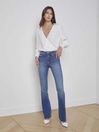 ホワイトブラウス Vネック ランタンスリーブ 装飾襟 ビジネスカジュアルトップス