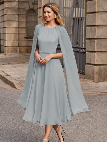 スレートグレー ブライダルマザードレス ジュエルネック ノースリーブ ショートサッシュ ゲストドレス 結婚式用