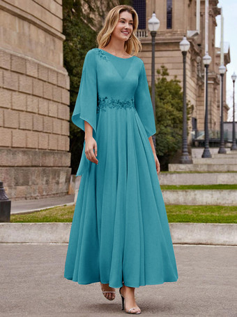 ティール花嫁の母親のためのパーティードレス ジュエルネック ハーフスリーブ Aライン 足首丈 ウェディングゲストドレス