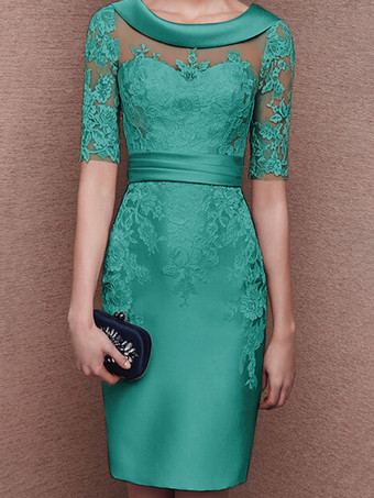 ターコイズグリーンブライダルマザードレスジュエルネックハーフスリーブレースティーレングスシースゲストドレス結婚式用無料カスタマイズ