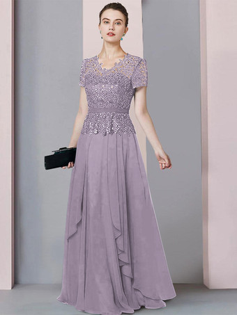 ラベンダーブライダルマザードレス Vネック半袖Aラインレース床長さの結婚式のゲストドレス無料カスタマイズ