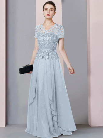 ベビーブルーブライダルマザードレス Vネック半袖Aラインレース床長さの結婚式のゲストドレス無料カスタマイズ