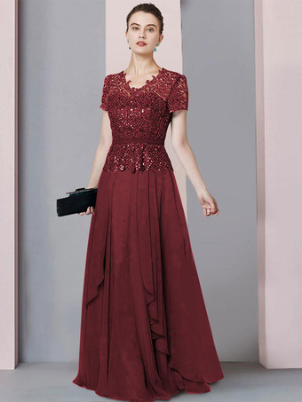 バーガンディーブライダルマザードレス Vネック半袖Aラインレース床長さの結婚式のゲストドレス無料カスタマイズ