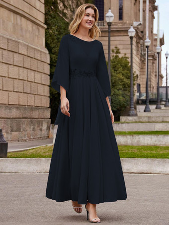 ダークネイビー花嫁の母親のためのパーティードレス ジュエルネック ハーフスリーブ Aライン 足首丈 ウェディングゲストドレス