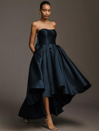 ダークネイビーブライドメイドドレス サテン生地 Aライン マキシレングス ウェディングパーティードレス