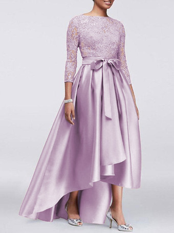 ラベンダー母の花嫁のパーティードレスジュエルネックレーススリーブAラインサテンサッシュウェディングゲストドレス無料カスタマイズ