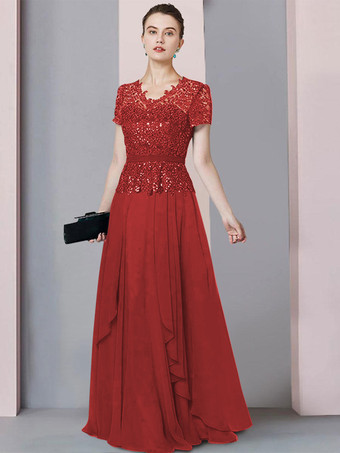 レッド ブライダルマザードレス Vネック半袖Aラインレース床長さの結婚式のゲストドレス無料カスタマイズ