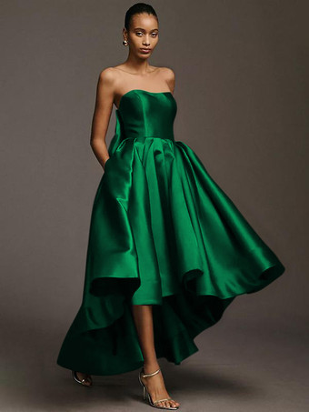 ダークグリーンブライドメイドドレス サテン生地 Aライン マキシレングス ウェディングパーティードレス