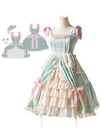 Lolitashow Exklusives süßes Lolita-Kleid mit Spitzenrüschen und Jacquardmuster ärmellos für den Alltag