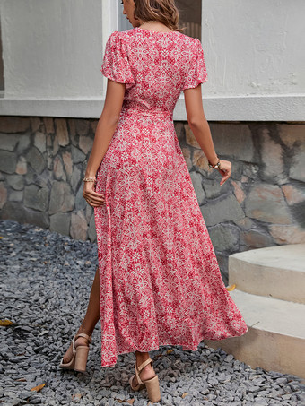 ラップドレス イレギュラープリント Vネック 半袖 ベルト付き カジュアル サマー ミディドレス