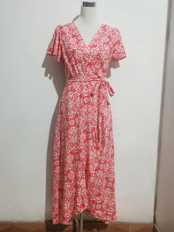 ラップドレス イレギュラープリント Vネック 半袖 ベルト付き カジュアル サマー ミディドレス