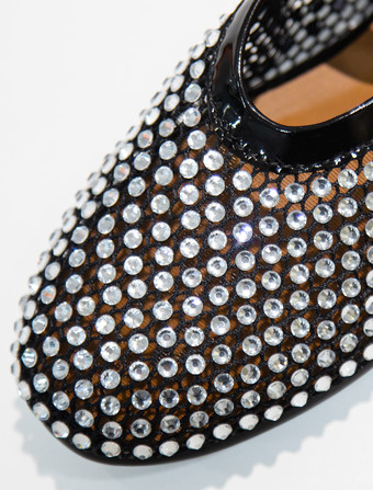 レディース バレエ フラット メッシュ ラインストーン ラウンドトゥ メアリー ジェーン バレリーナ フラット プロム シューズ