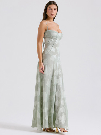 花柄ドレス スパゲッティストラップ バックレス レースアップ ブランチ パーティー マキシドレス