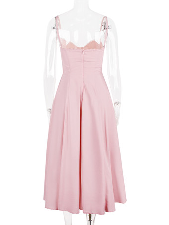 ソフトピンクのコルセットミディドレス スウィートハートネックストラップ Aライン バースデーパーティードレス レディース 2025