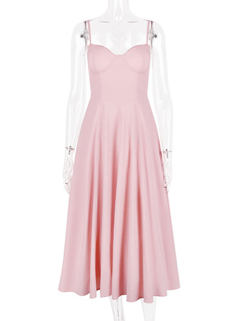 ソフトピンクのコルセットミディドレス スウィートハートネックストラップ Aライン バースデーパーティードレス レディース 2025