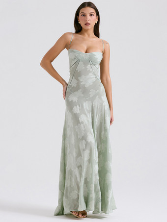 ライトグリーン 花柄ドレス スパゲッティストラップ バックレス レースアップ ブランチ パーティー マキシドレス