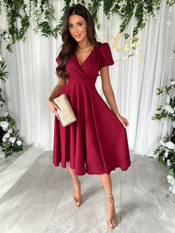 ワインレッド パーティードレス バーガンディ Vネック プリーツ 半袖 セミフォーマルドレス