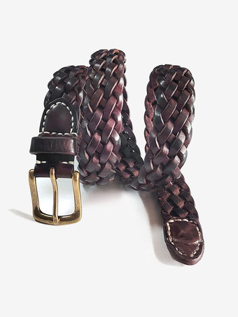 スタイリッシュな編み込みレザーベルト、メタルバックルベルト、チョコレート