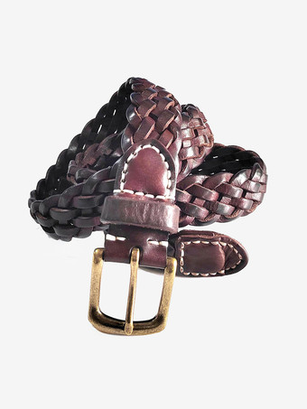 スタイリッシュな編み込みレザーベルト、メタルバックルベルト、チョコレート