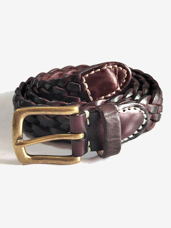 スタイリッシュな編み込みレザーベルト、メタルバックルベルト、チョコレート