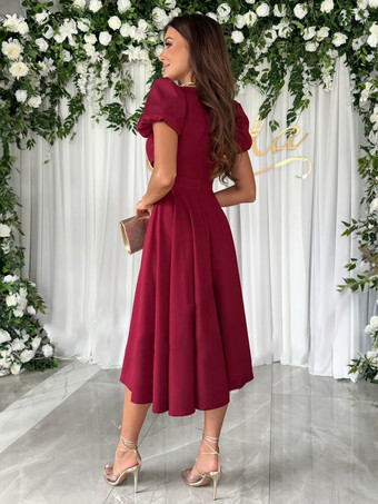 パーティードレス バーガンディ Vネック プリーツ 半袖 セミフォーマルドレス