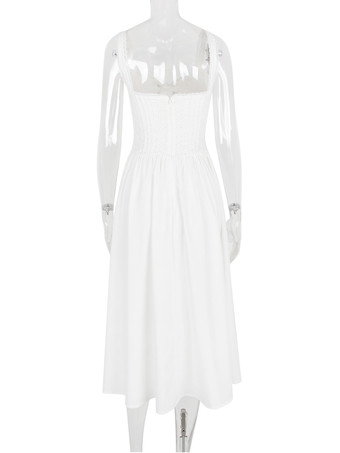 ホワイトコルセットドレス カットアウト ワイドストラップ レーストリム バックレス コテージコア ミディドレス