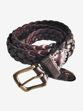 スタイリッシュな編み込みレザーベルト、メタルバックルベルト、チョコレート