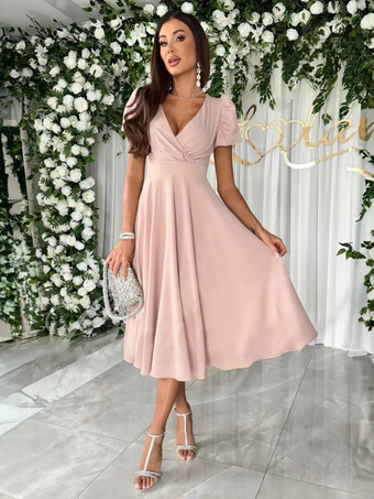 アプリコットパーティードレス バーガンディ Vネック プリーツ 半袖 セミフォーマルドレス