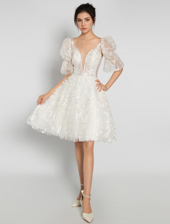 ショート ウェディングドレス 2025年 Vネック ノースリーブ Aライン ブライダルドレス 自由なカスタマイズ