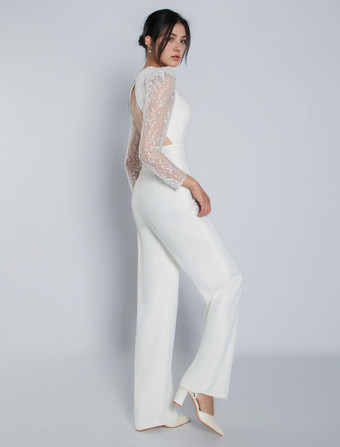 アイボリーブライダルジャンプスーツ ストレッチクレープレース フロアレングス Aライン Vネック 長袖 ウエスト上げ ウェディングジャンプスーツ 無料カスタマイズ