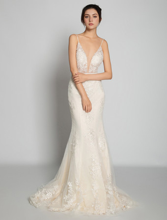 ヌード ビーチ ウェディングドレス ノースリーブ Vネック レース ブライダルドレス 自由なカスタマイズ