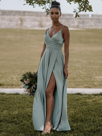 ブライドメイドドレス 弾性シルクのようなサテン Aライン マキシレングスフォーマルガウン