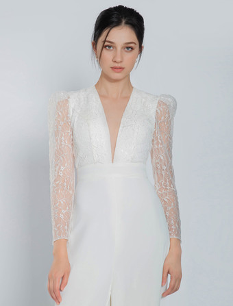 アイボリーブライダルジャンプスーツ ストレッチクレープレース フロアレングス Aライン Vネック 長袖 ウエスト上げ ウェディングジャンプスーツ 無料カスタマイズ