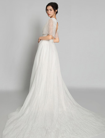 Abiti da Sposa Semplici Avorio maniche corte di poliestere con scollo a V svasata Abito da Sposa Semplice