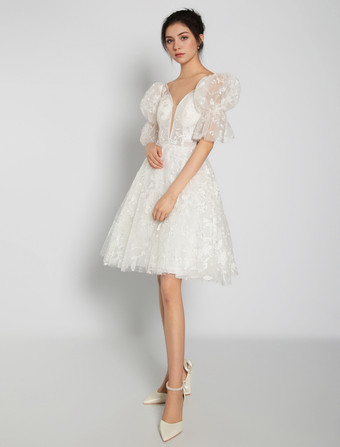 ショート ウェディングドレス 2025年 Vネック ノースリーブ Aライン ブライダルドレス 自由なカスタマイズ