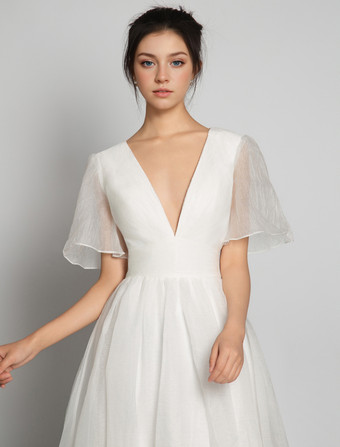 Abiti da Sposa Semplici Avorio maniche corte di poliestere con scollo a V svasata Abito da Sposa Semplice