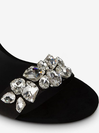 High-Heel-Sandalen  schwarzer Satin  offene Zehenpartie  Strasssteine  Abschlussballschuhe  Damen-Partyschuhe