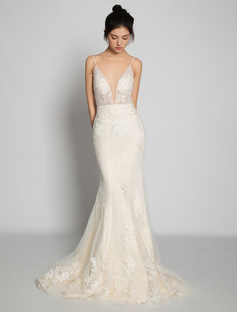 ヌード ビーチ ウェディングドレス ノースリーブ Vネック レース ブライダルドレス 自由なカスタマイズ