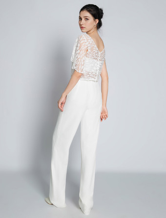 ツーピースウェディングドレス レース レース ジュエルネック ツーピース フロアレングス バックレス ショートスリーブ アイボリー